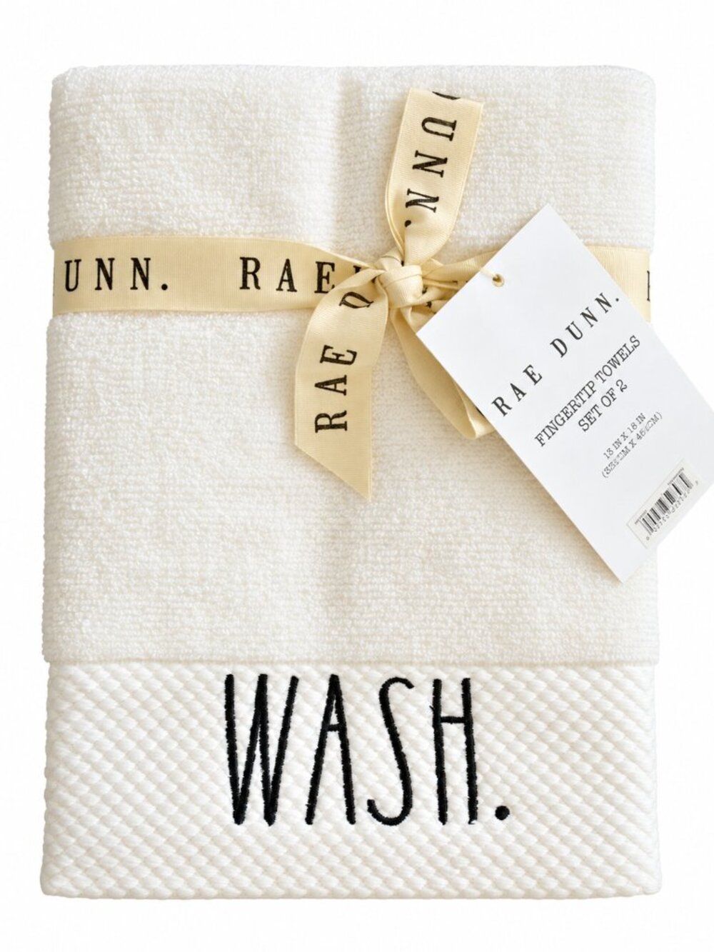 Rae Dunn White Fingertip Towels Bath Guest Wash Dry Embroidered 12x18" Set of 2